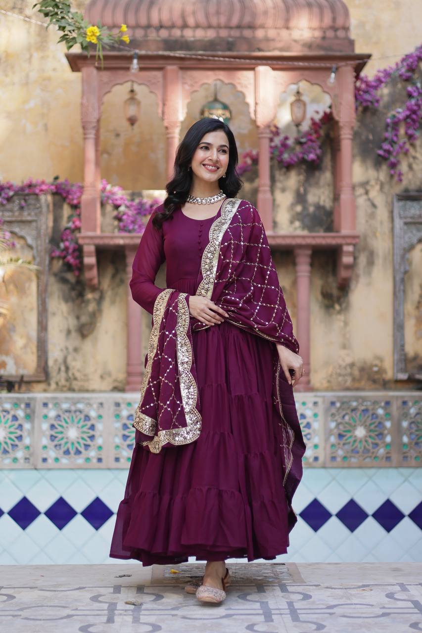 Amazing Maroon Color Georgette Frill Work Party Wear Gown