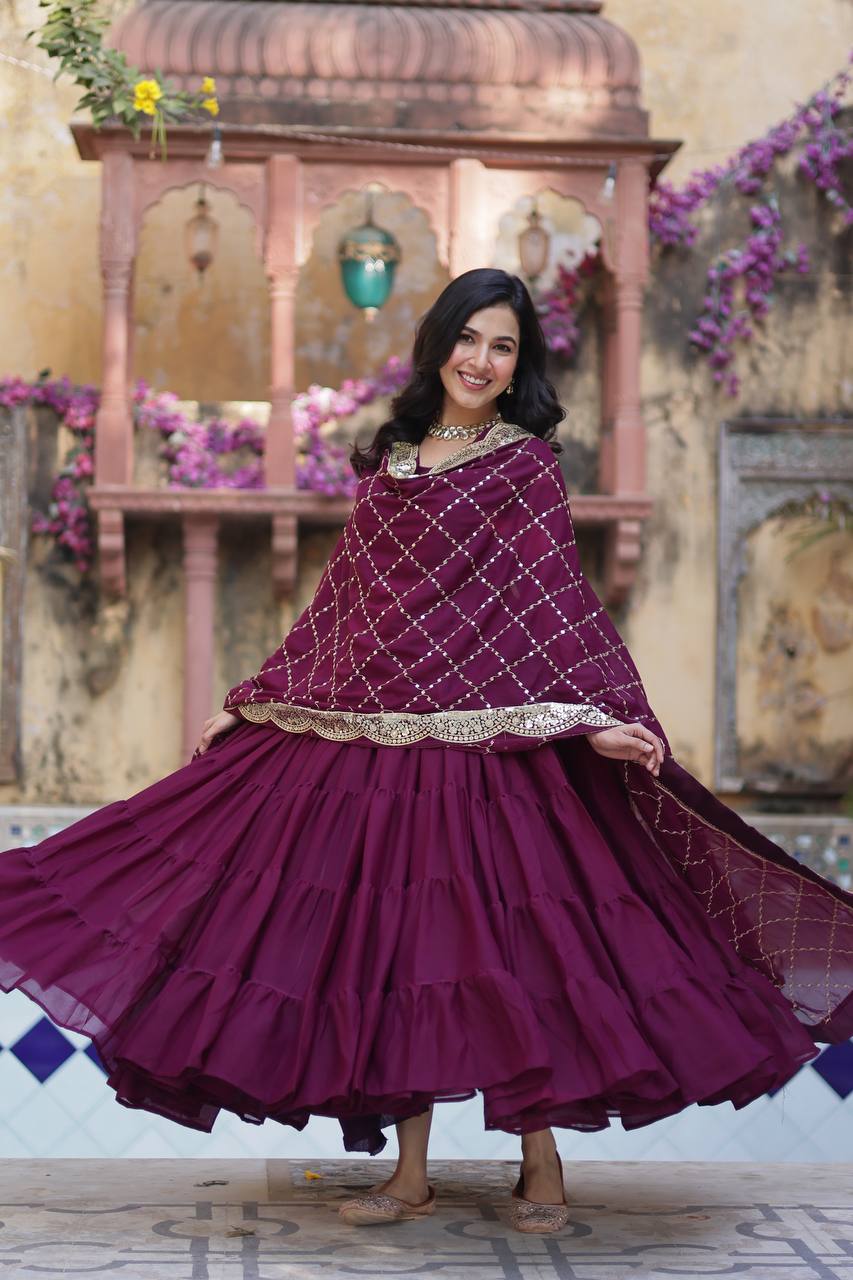 Amazing Maroon Color Georgette Frill Work Party Wear Gown