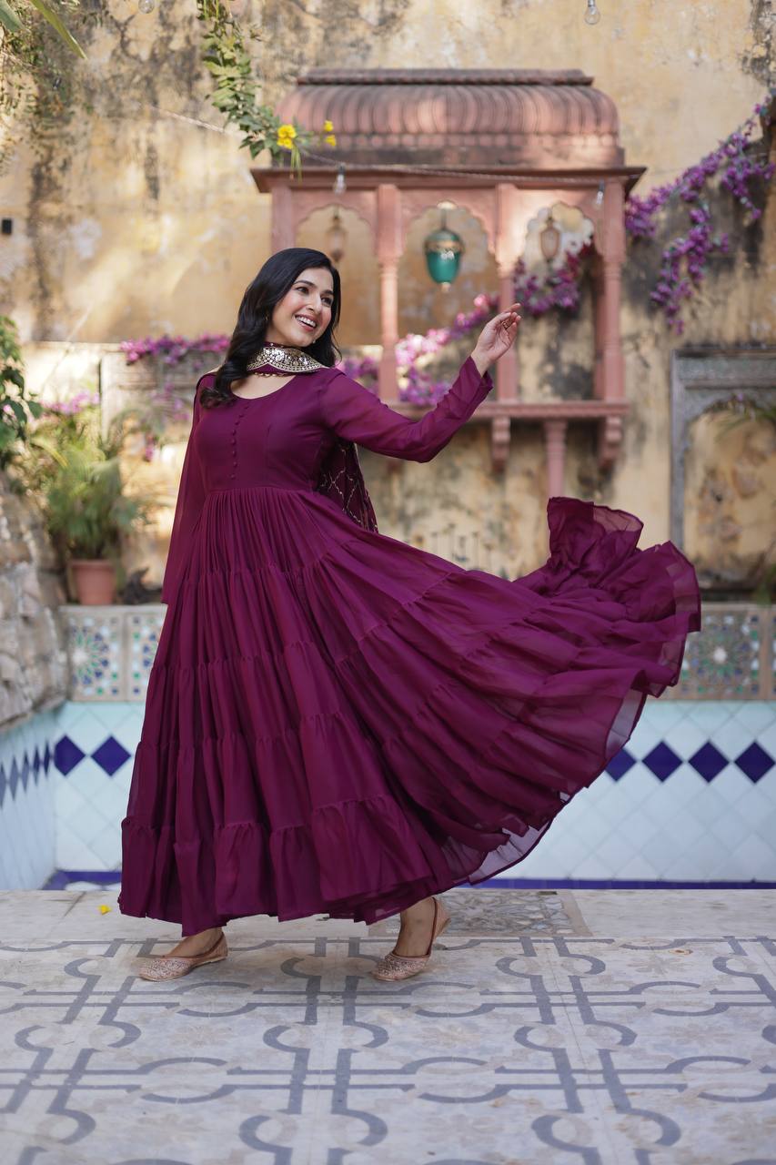 Amazing Maroon Color Georgette Frill Work Party Wear Gown