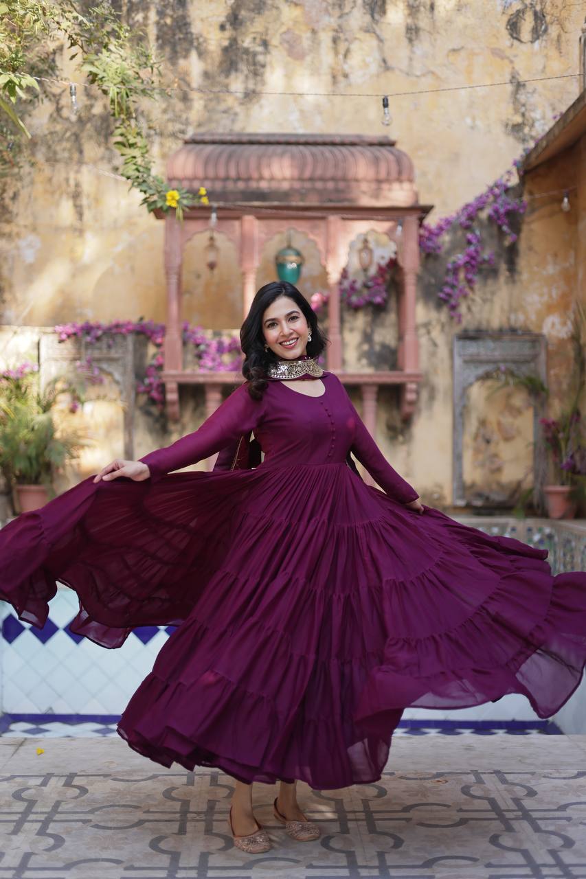 Amazing Maroon Color Georgette Frill Work Party Wear Gown