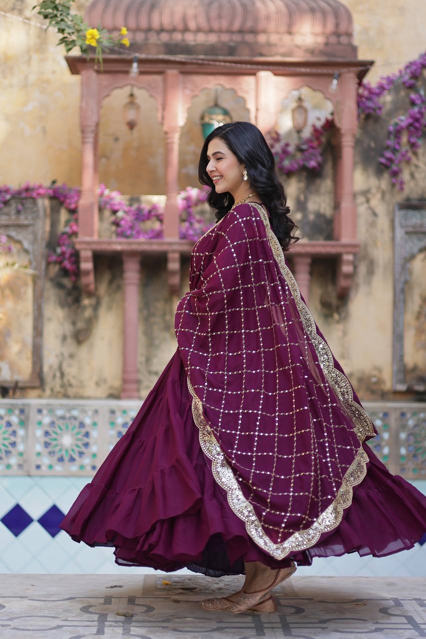 Amazing Maroon Color Georgette Frill Work Party Wear Gown