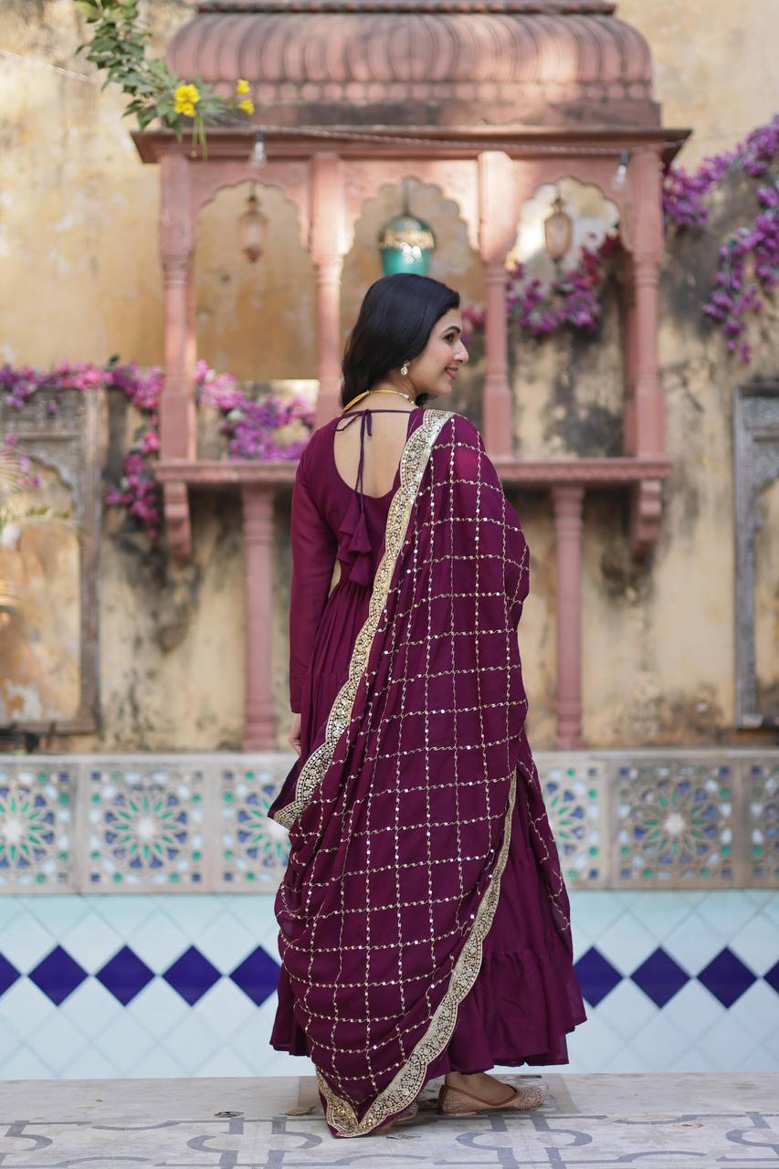 Amazing Maroon Color Georgette Frill Work Party Wear Gown