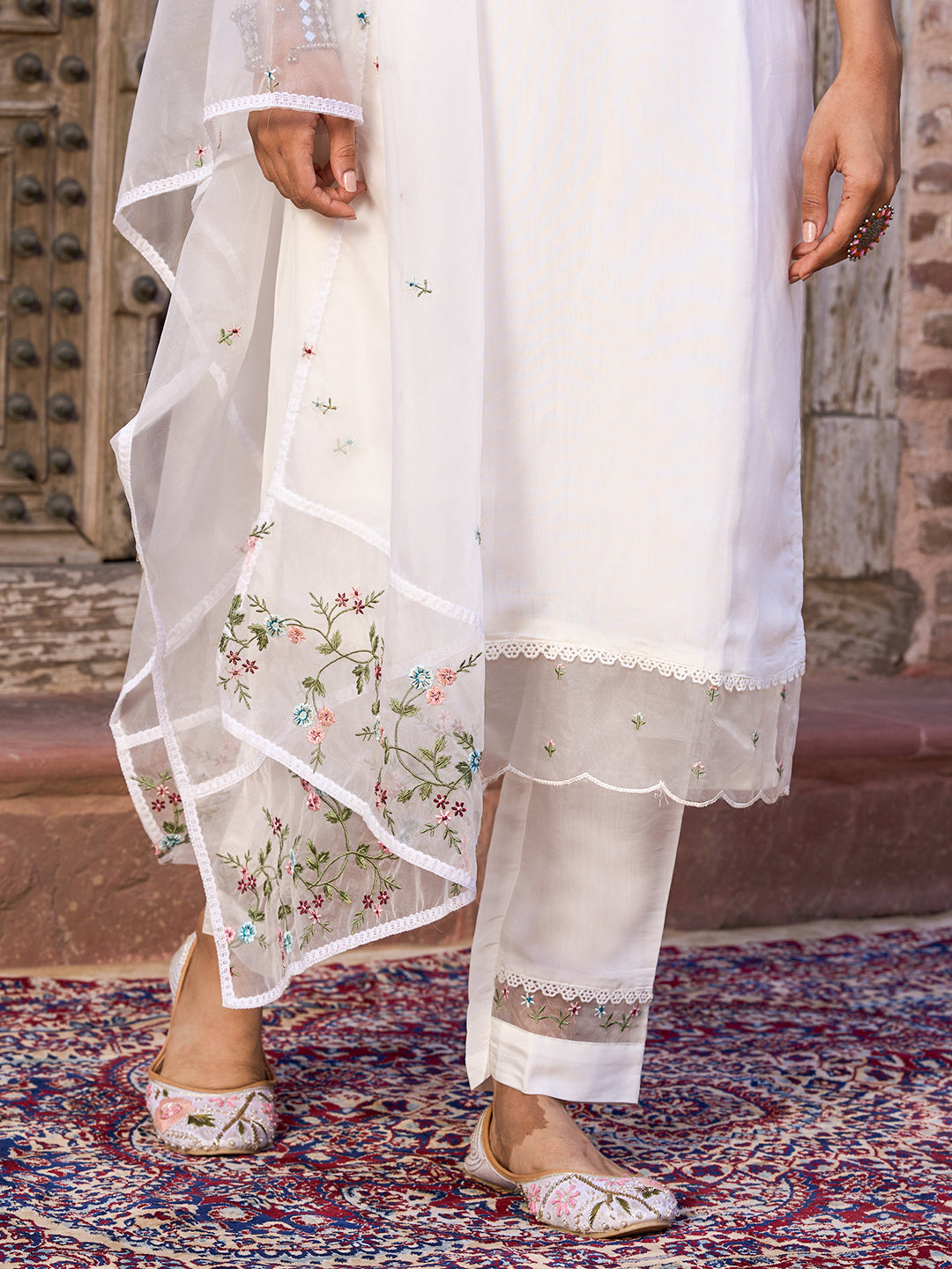 White Color Viscose Chanderi Party Wear Kurti Pant Set