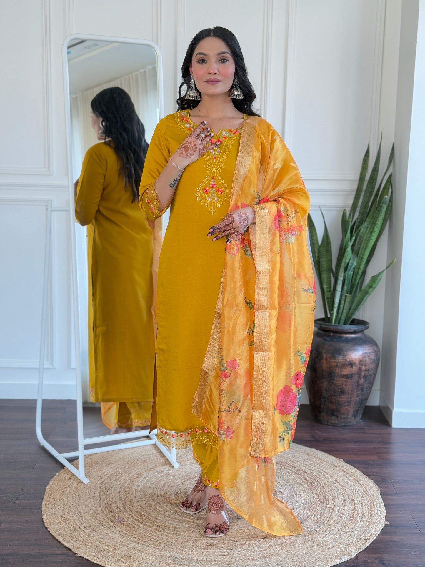 Yellow Color Viscose Chanderi Party Wear Kurti Pant Set