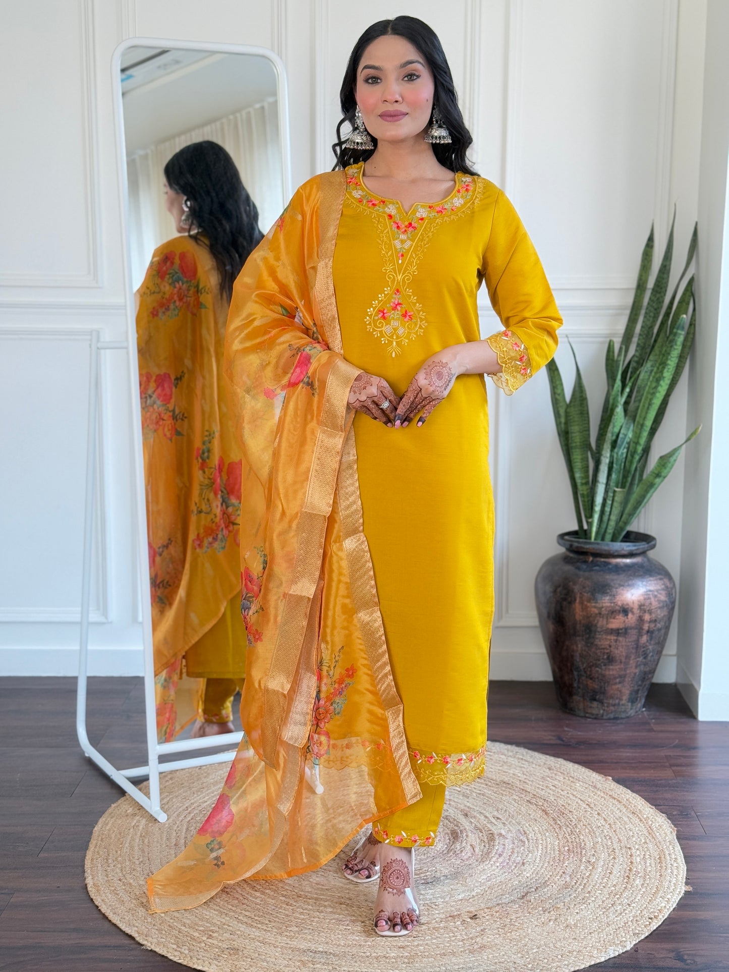 Yellow Color Viscose Chanderi Party Wear Kurti Pant Set
