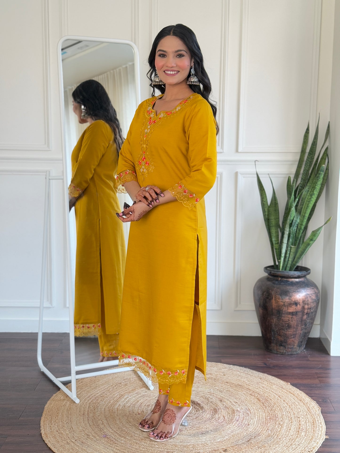 Yellow Color Viscose Chanderi Party Wear Kurti Pant Set