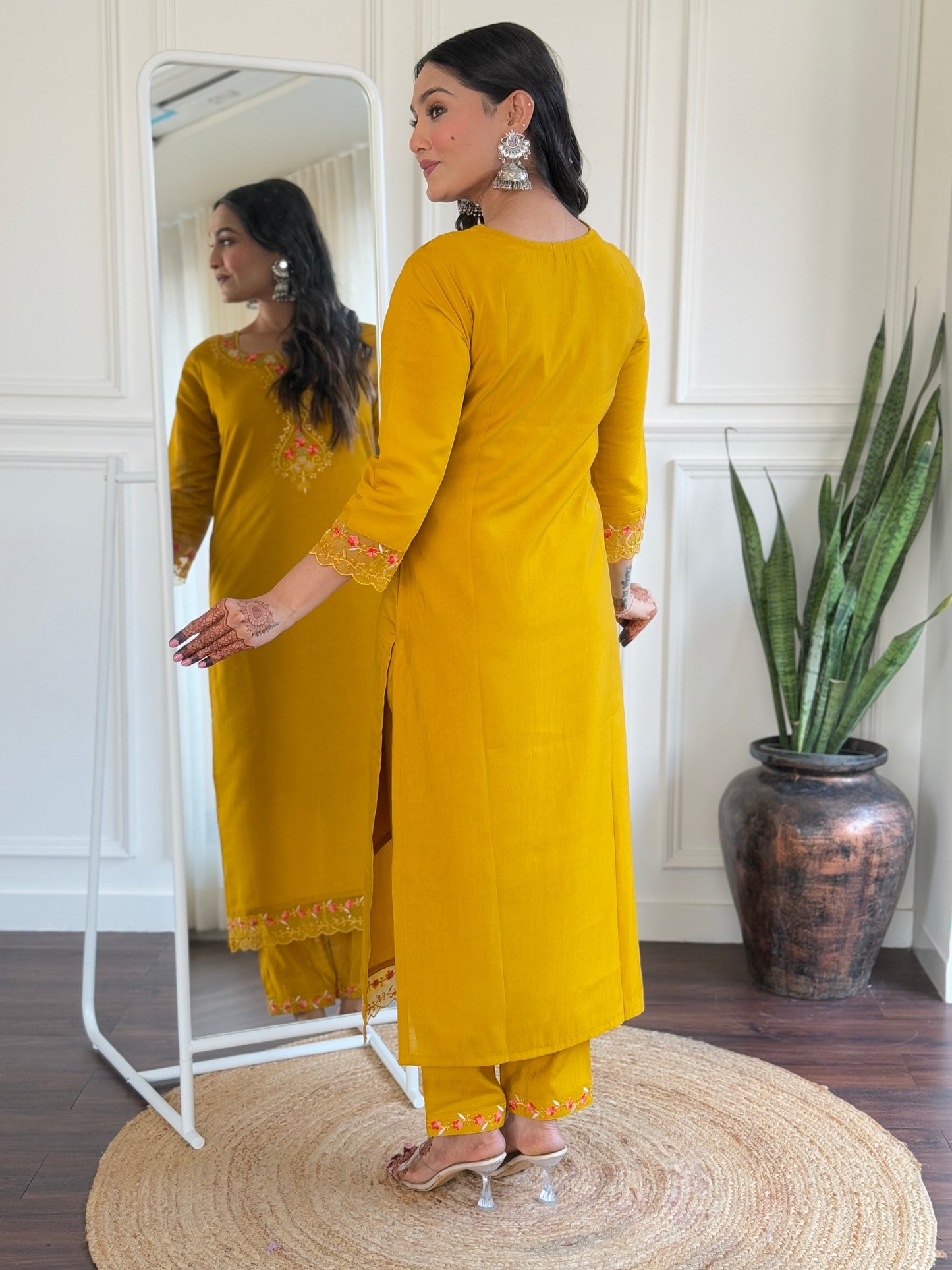 Yellow Color Viscose Chanderi Party Wear Kurti Pant Set