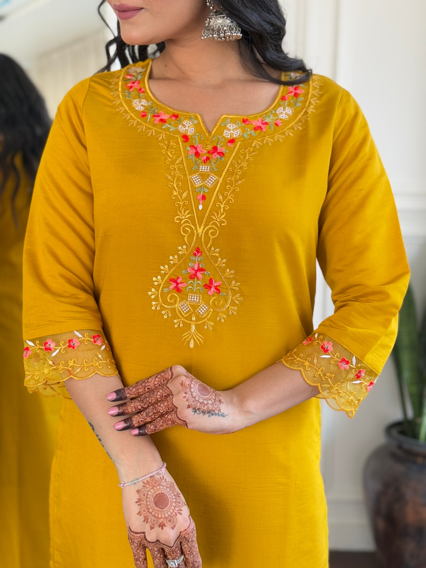 Yellow Color Viscose Chanderi Party Wear Kurti Pant Set