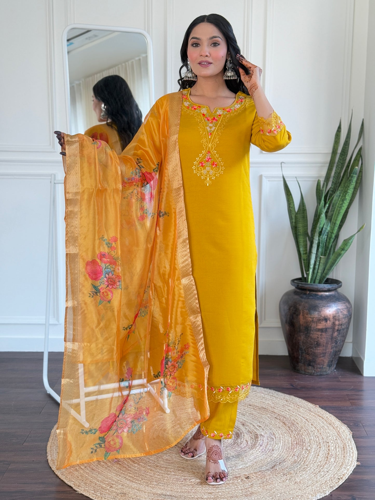 Yellow Color Viscose Chanderi Party Wear Kurti Pant Set