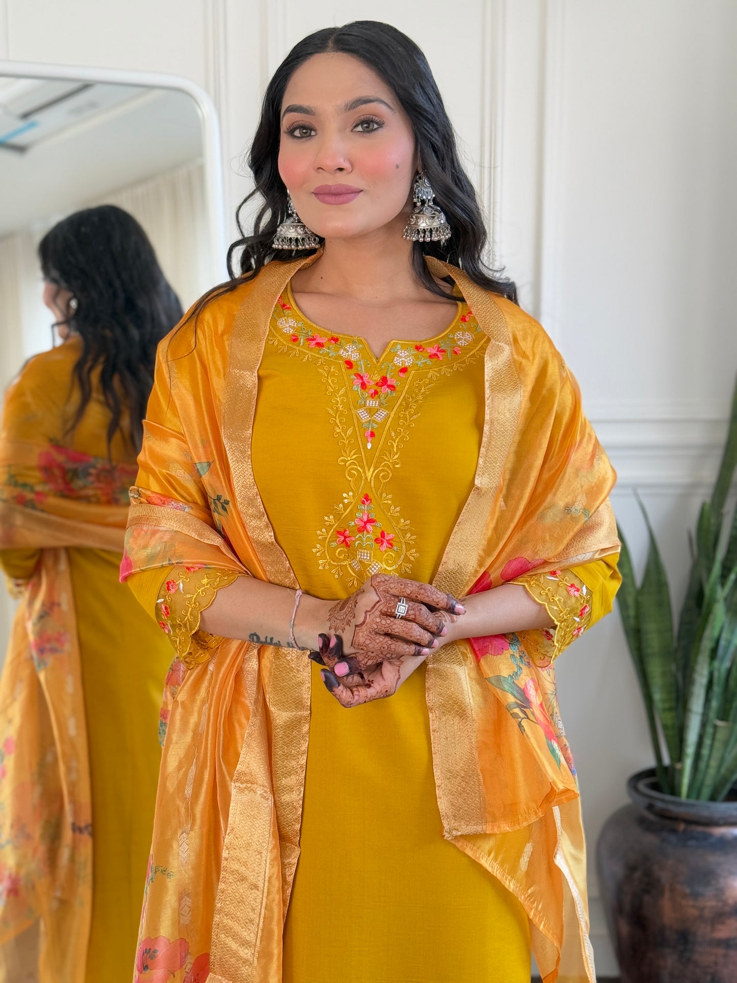 Yellow Color Viscose Chanderi Party Wear Kurti Pant Set
