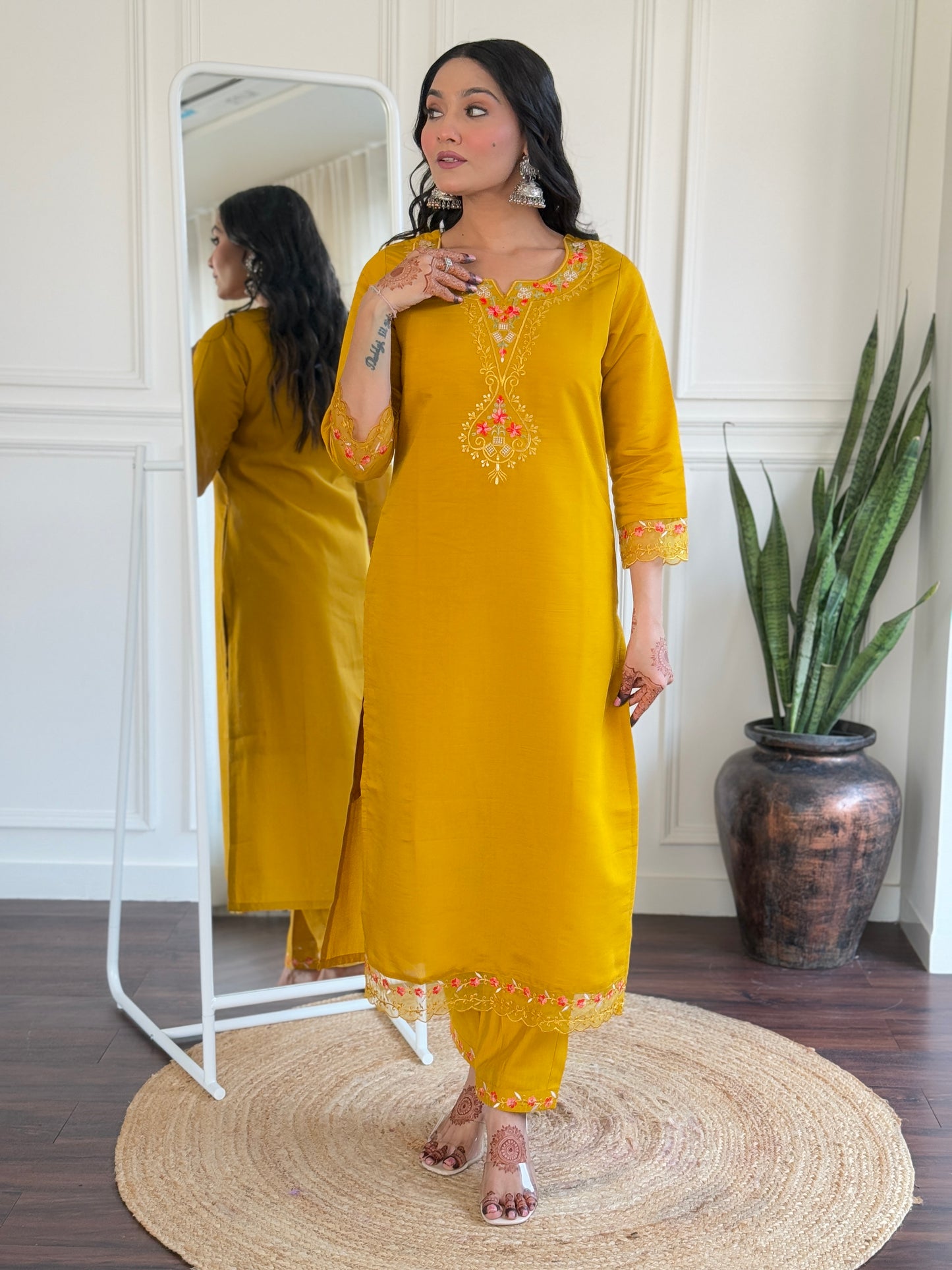 Yellow Color Viscose Chanderi Party Wear Kurti Pant Set