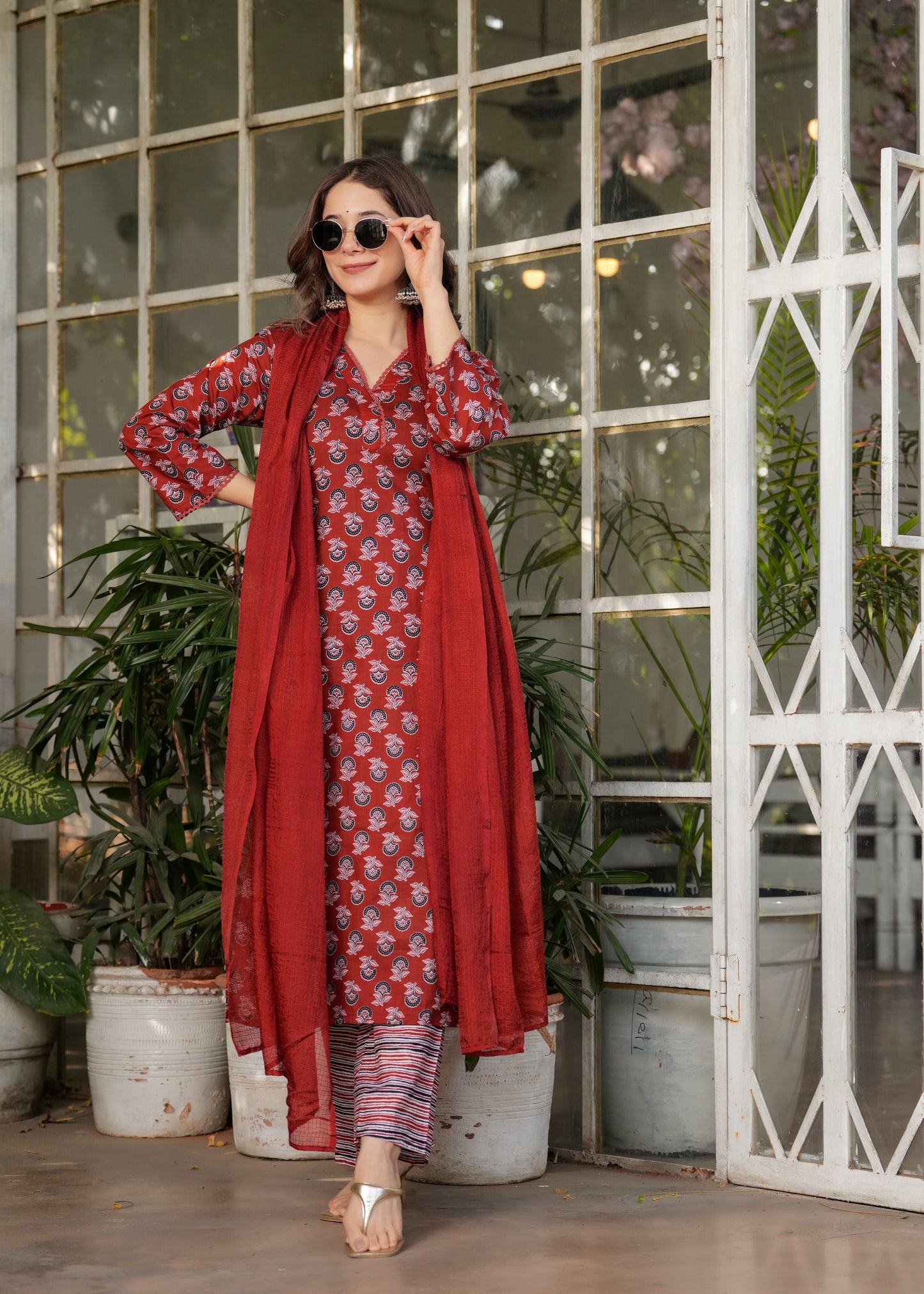 Red Color Pure Cotton Designer Kurti Pant Set
