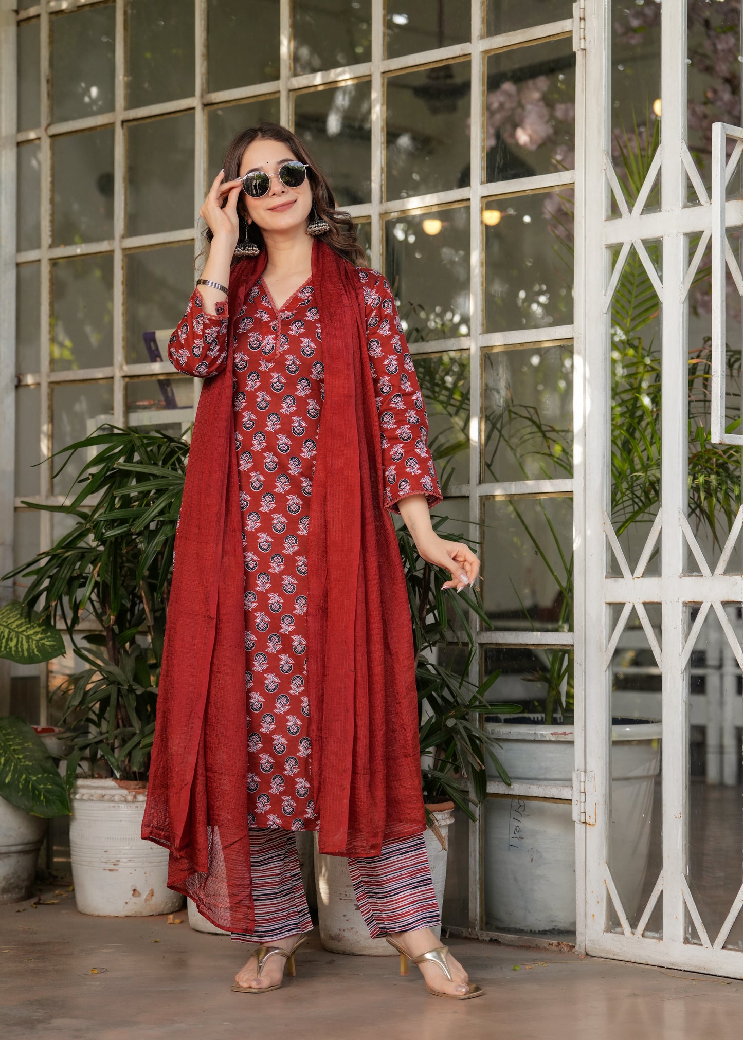 Red Color Pure Cotton Designer Kurti Pant Set