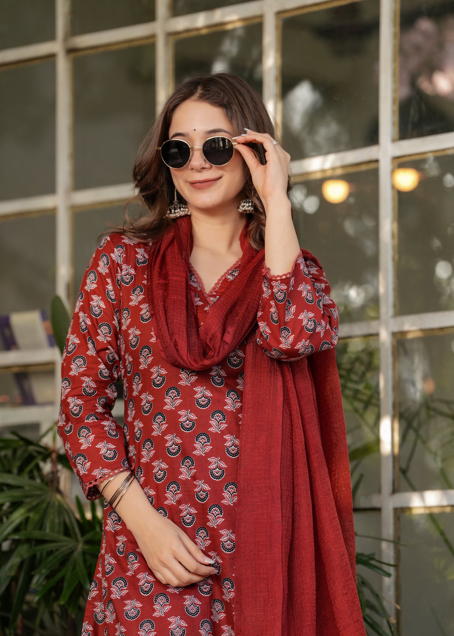 Red Color Pure Cotton Designer Kurti Pant Set