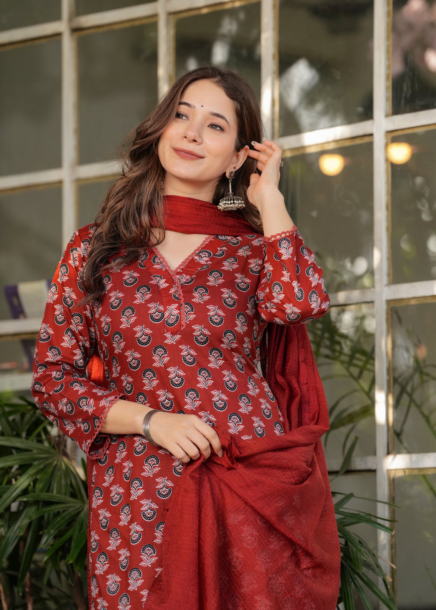Red Color Pure Cotton Designer Kurti Pant Set