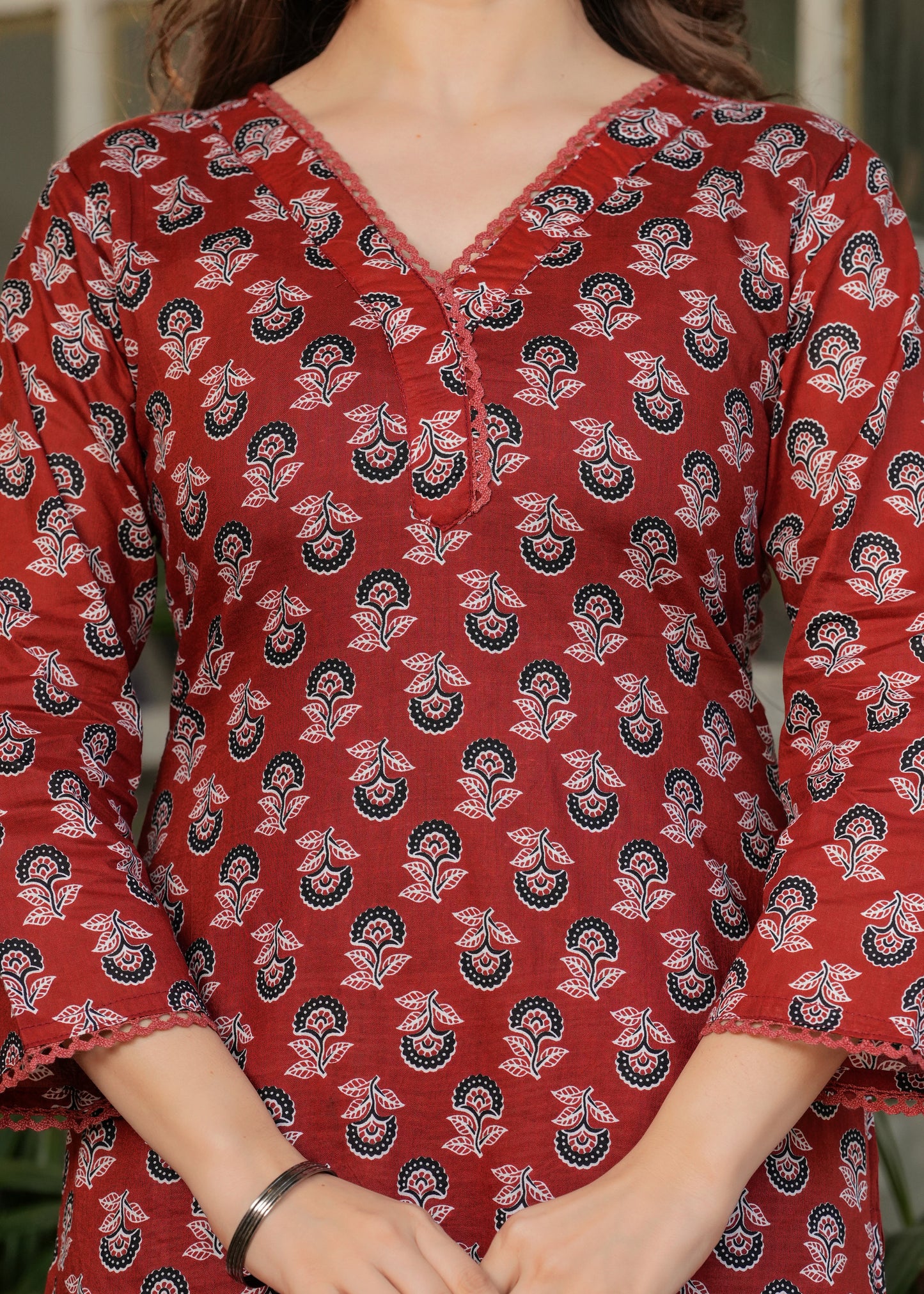 Red Color Pure Cotton Designer Kurti Pant Set