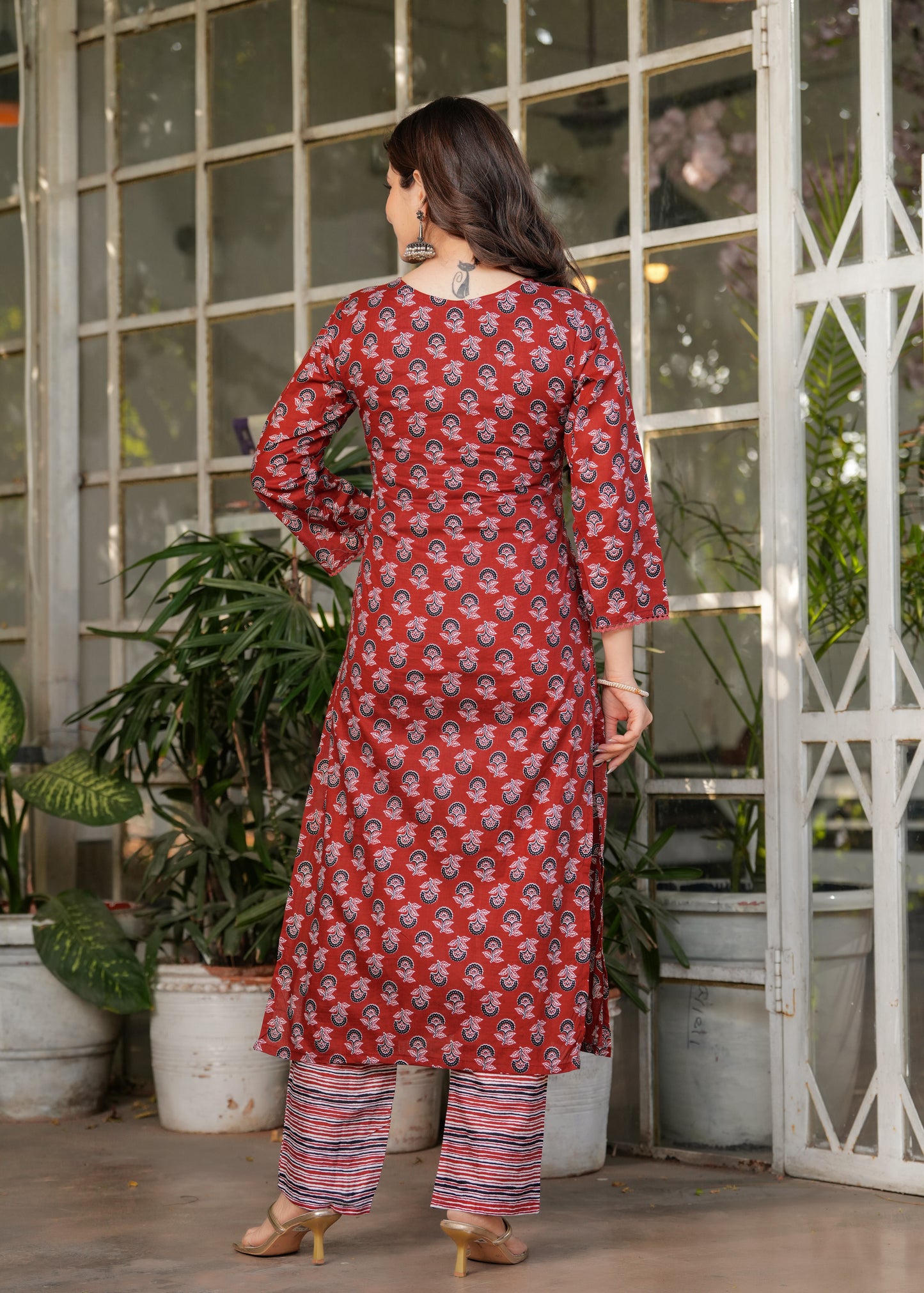 Red Color Pure Cotton Designer Kurti Pant Set