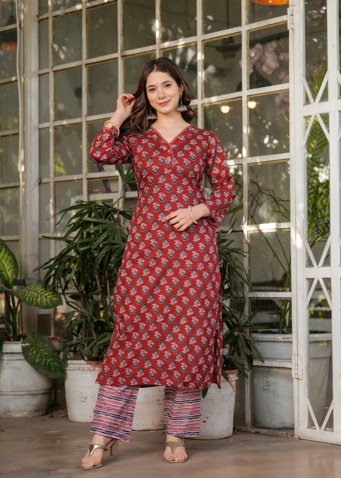 Red Color Pure Cotton Designer Kurti Pant Set