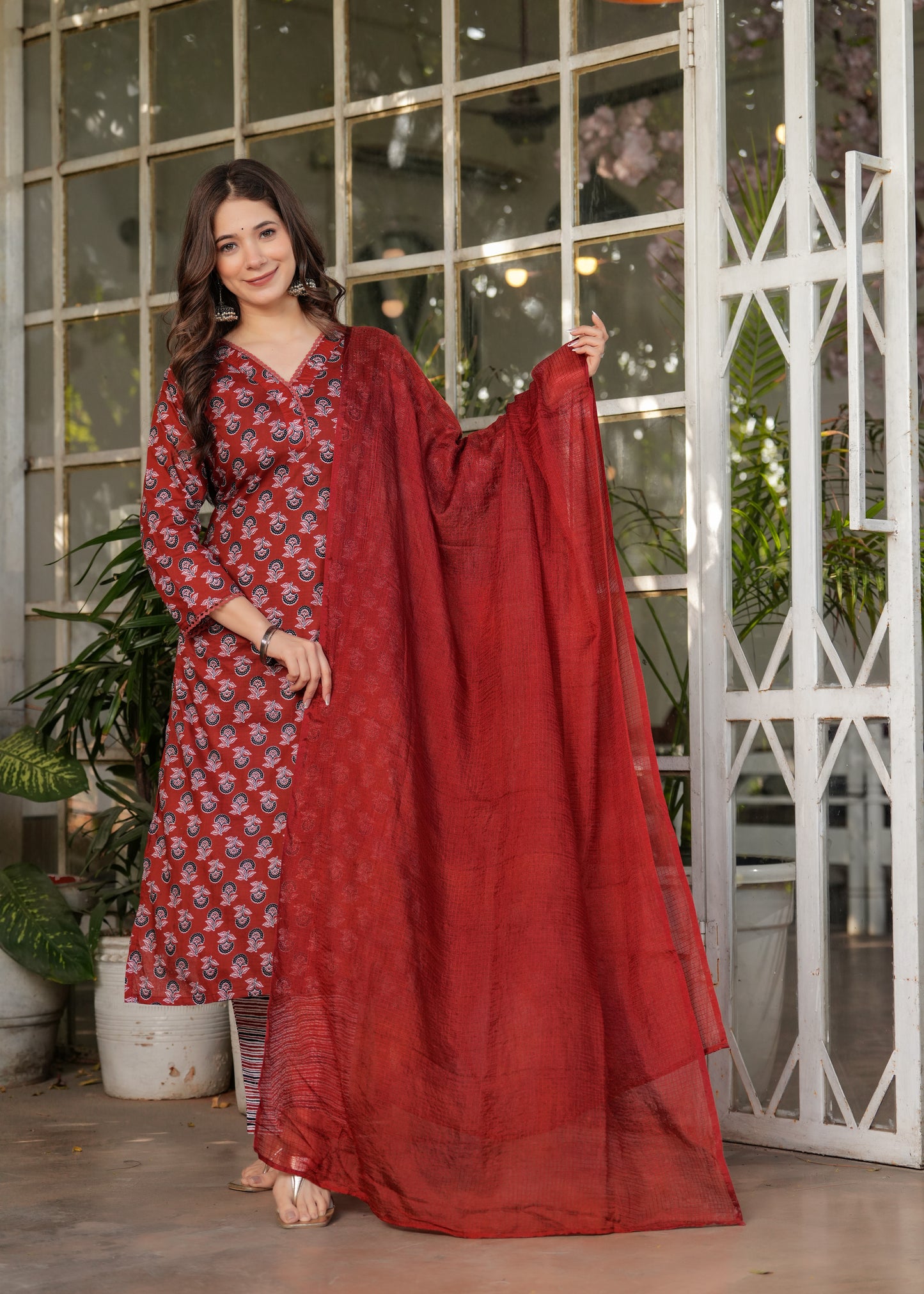 Red Color Pure Cotton Designer Kurti Pant Set