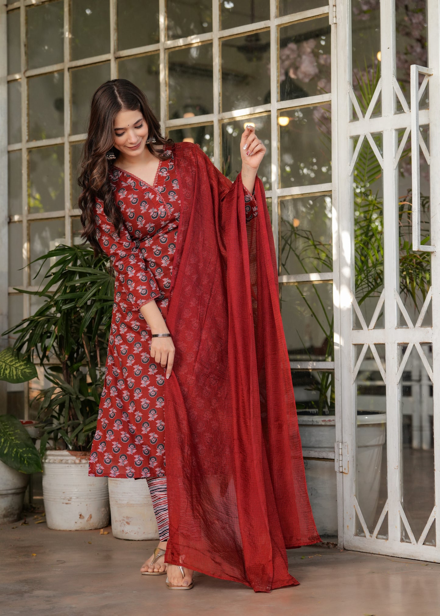 Red Color Pure Cotton Designer Kurti Pant Set