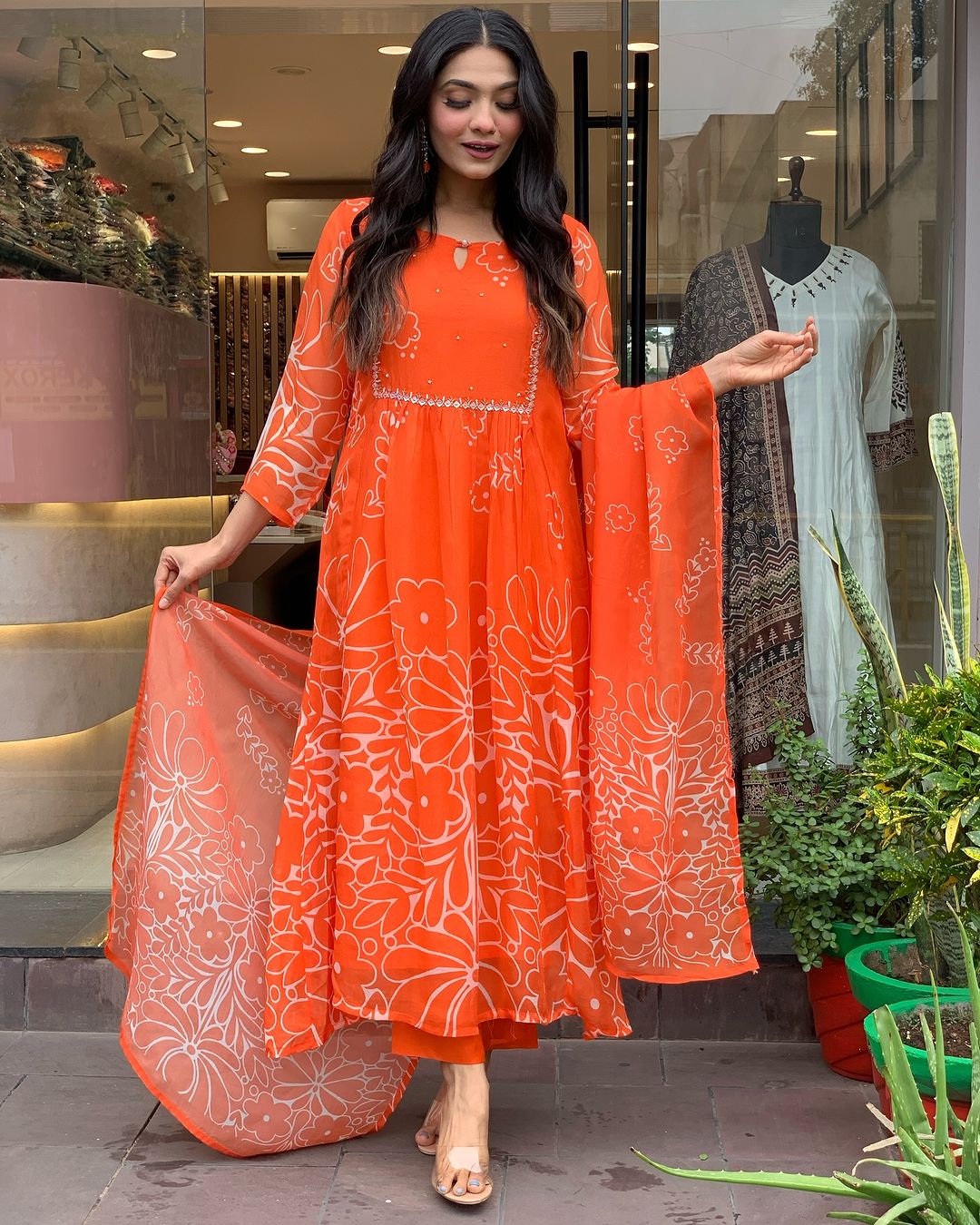 Orange Color Muslin Kurti Pant Set