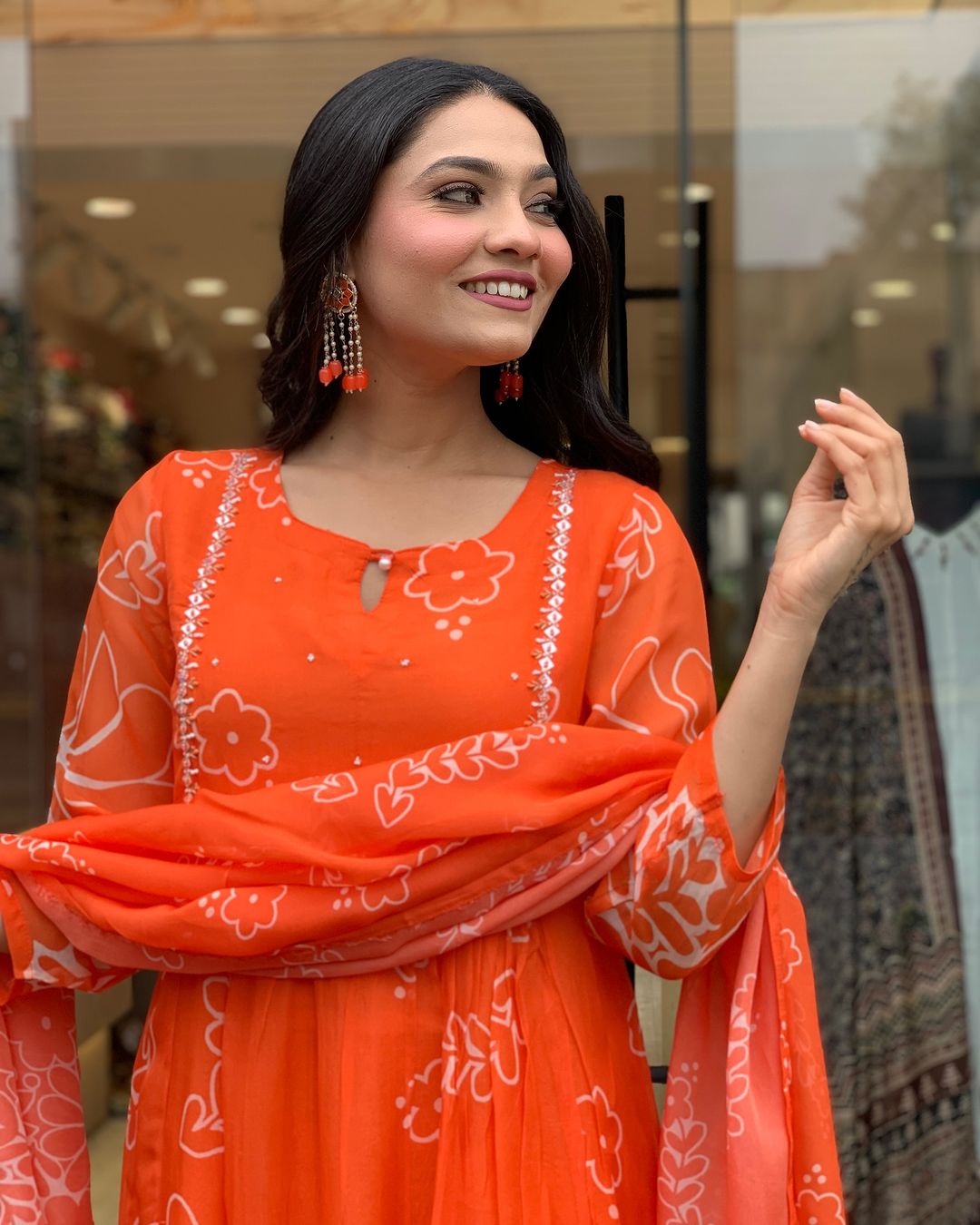 Orange Color Muslin Kurti Pant Set