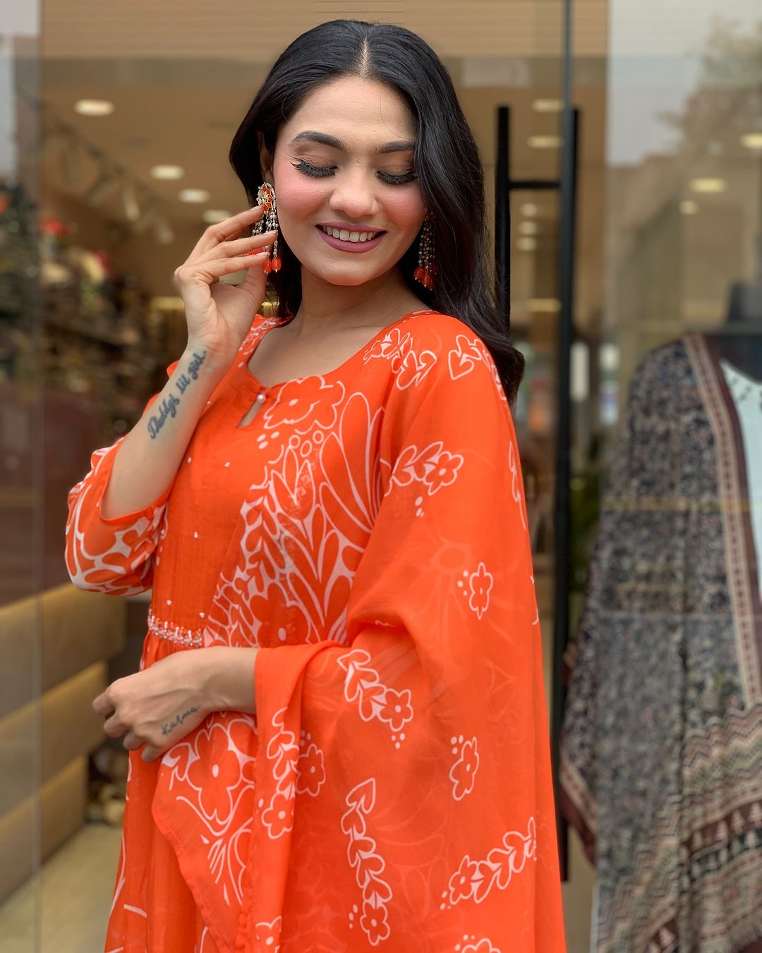 Orange Color Muslin Kurti Pant Set