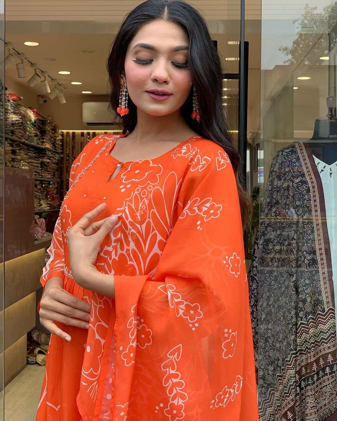 Orange Color Muslin Kurti Pant Set