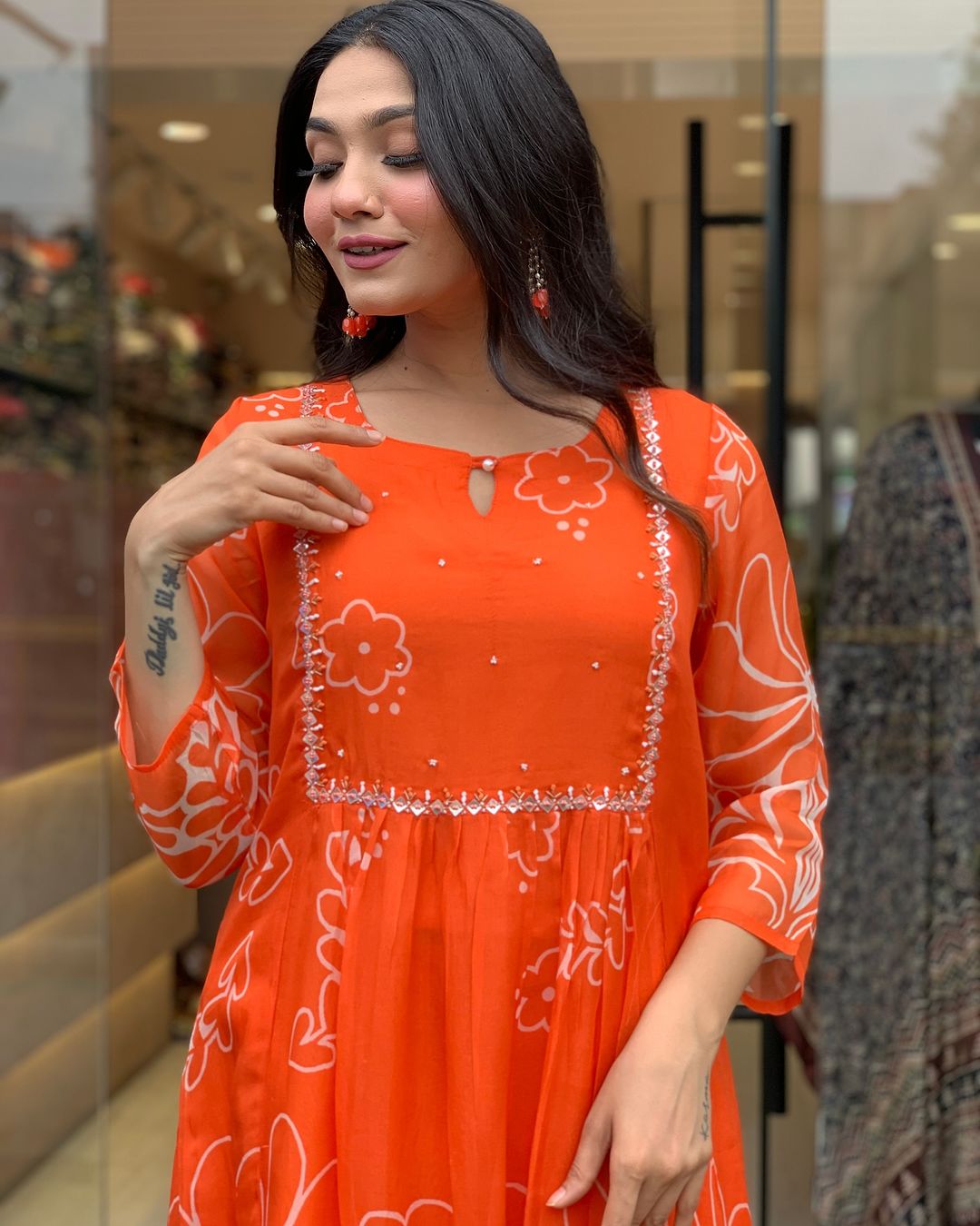 Orange Color Muslin Kurti Pant Set