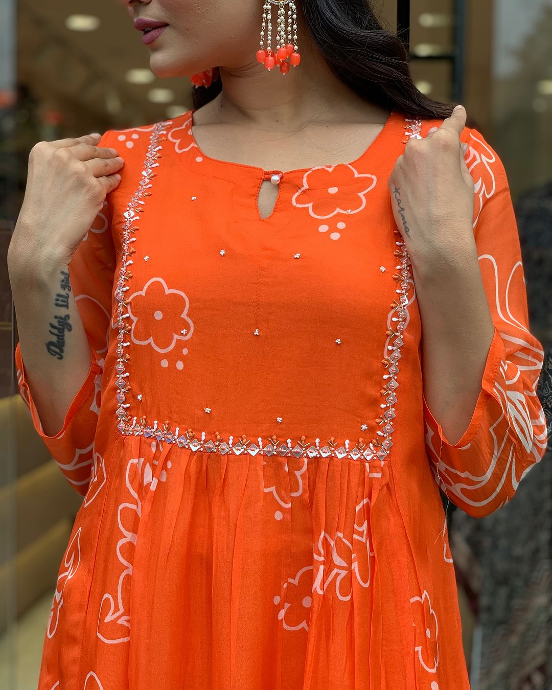 Orange Color Muslin Kurti Pant Set