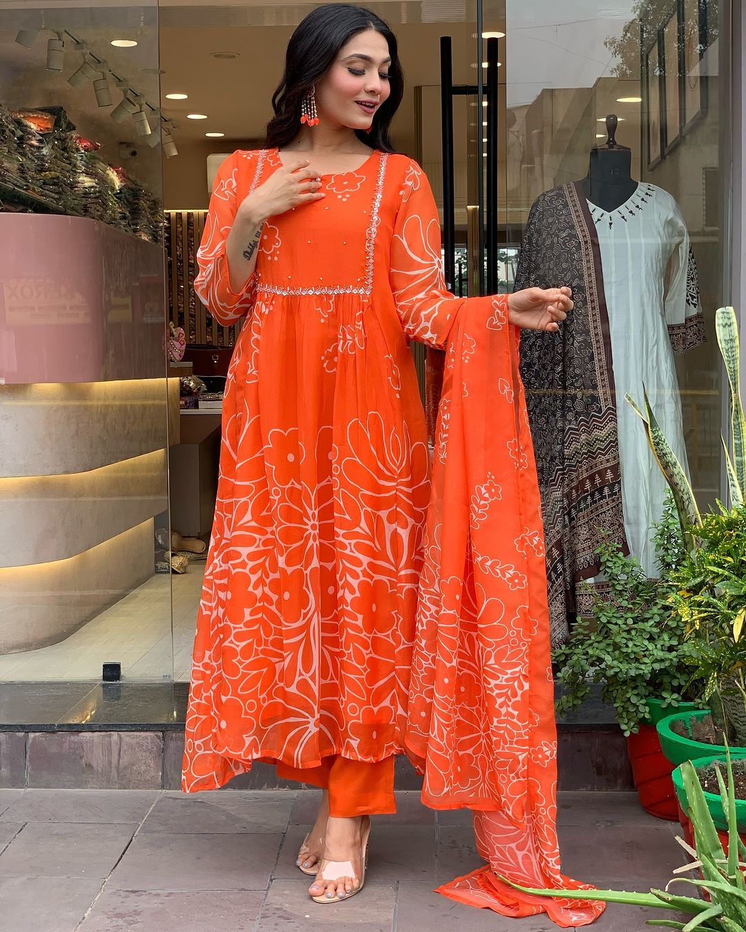 Orange Color Muslin Kurti Pant Set