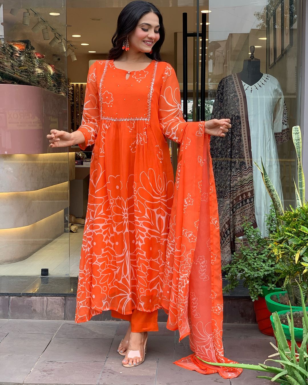 Orange Color Muslin Kurti Pant Set