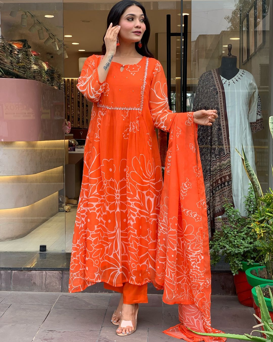 Orange Color Muslin Kurti Pant Set