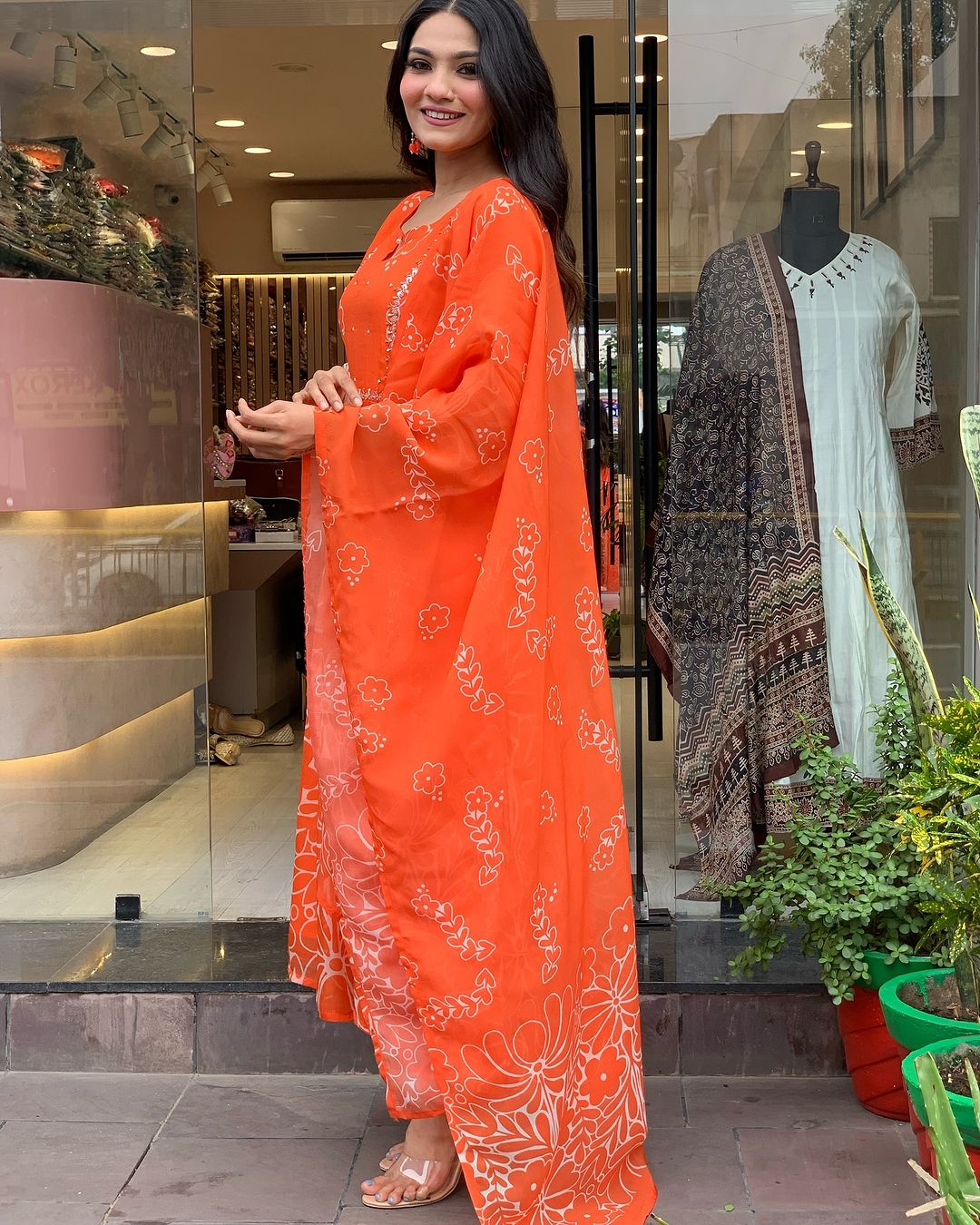 Orange Color Muslin Kurti Pant Set
