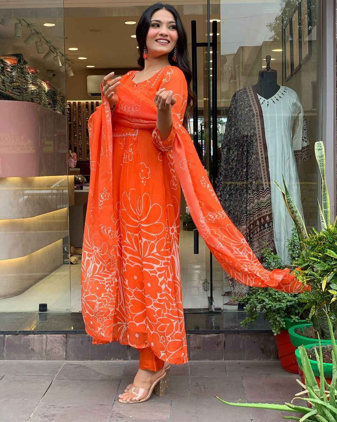 Orange Color Muslin Kurti Pant Set