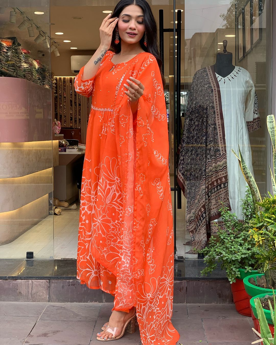 Orange Color Muslin Kurti Pant Set
