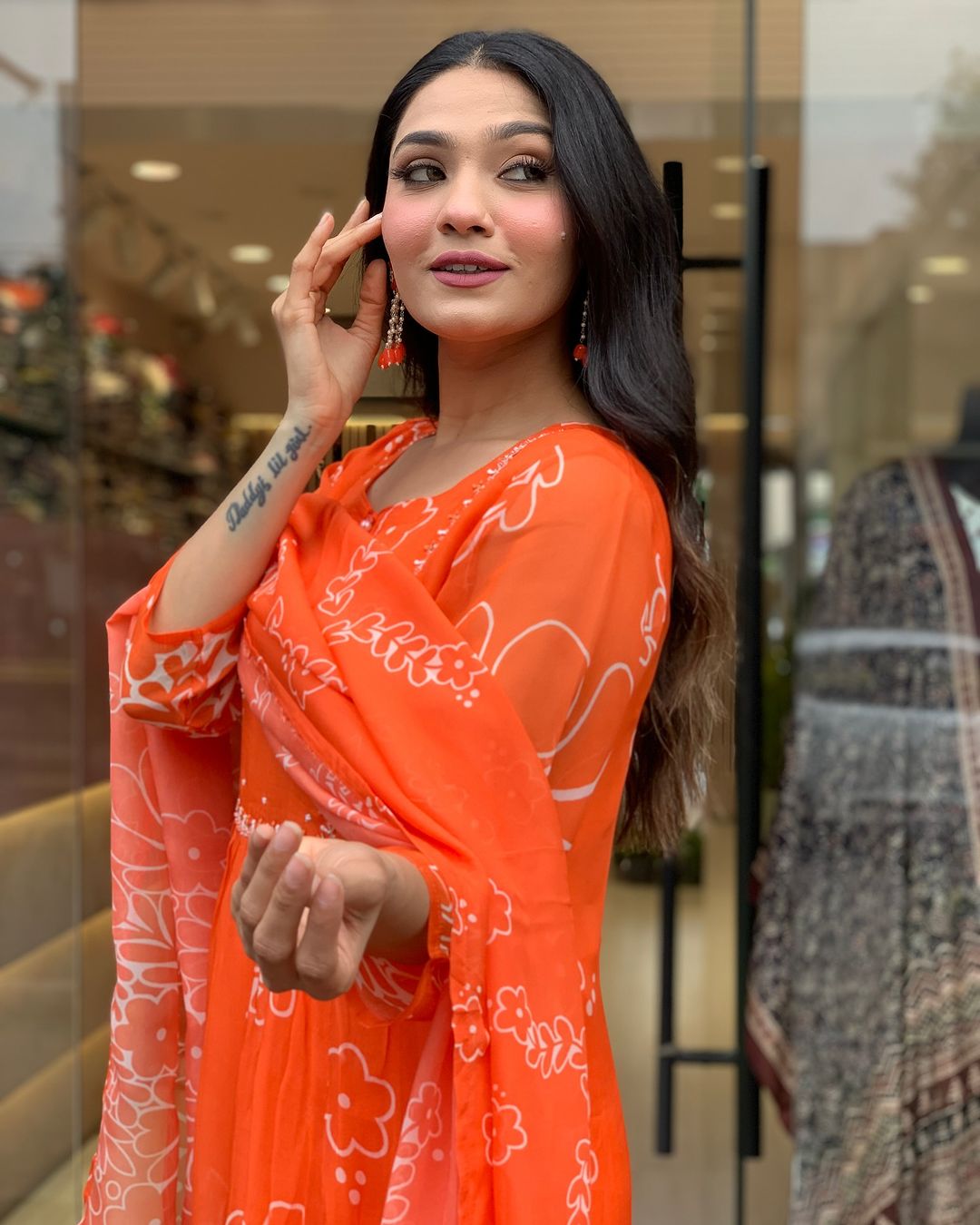 Orange Color Muslin Kurti Pant Set