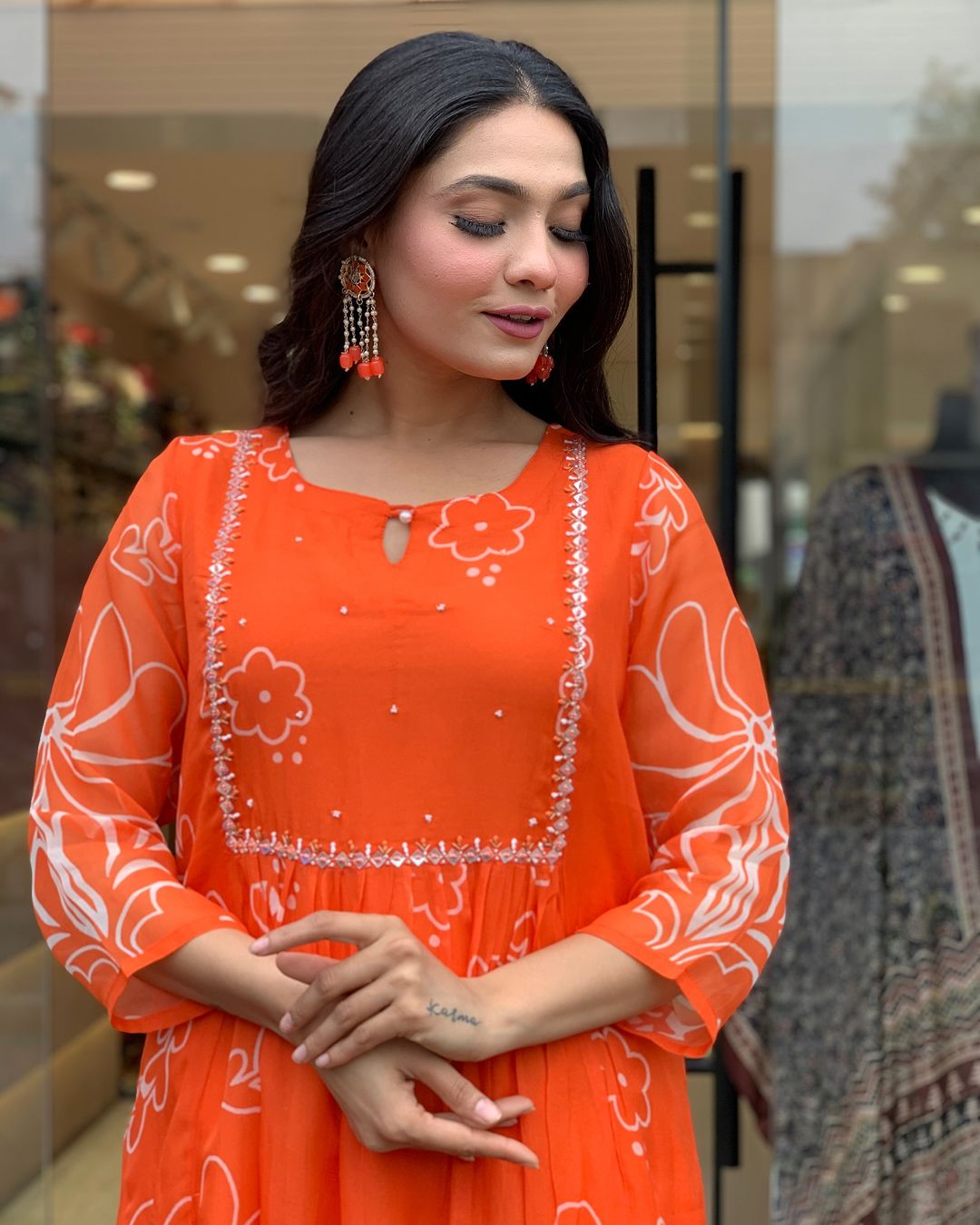 Orange Color Muslin Kurti Pant Set