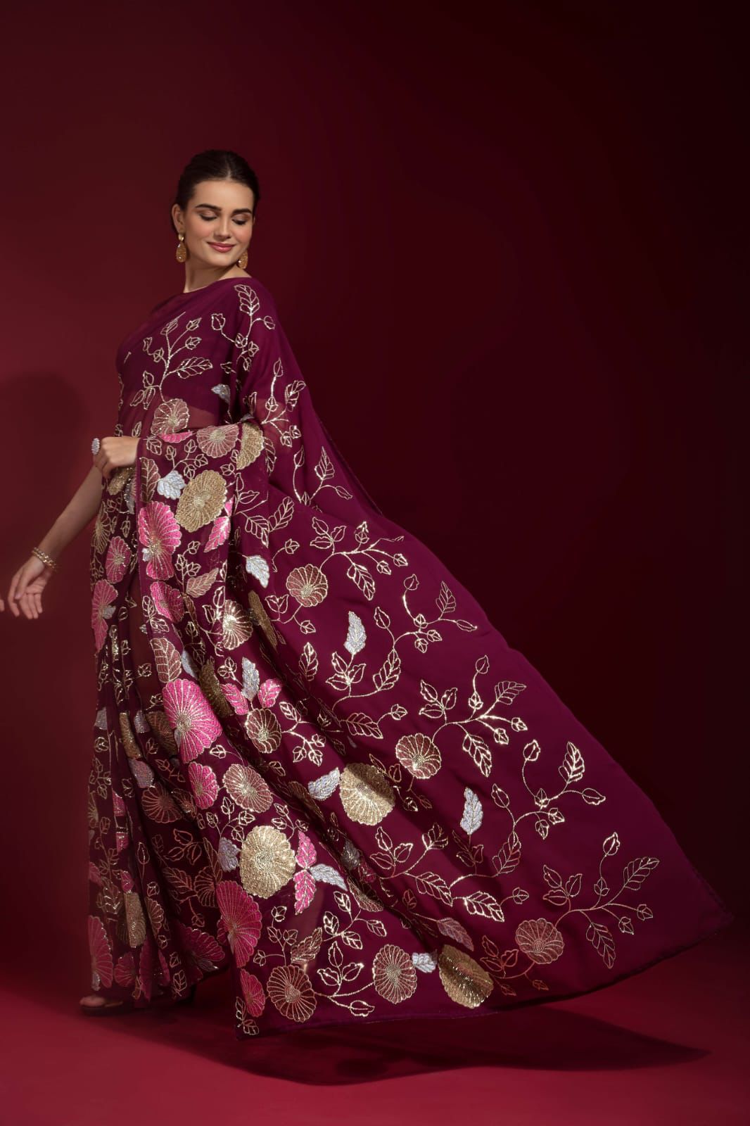 Magenta Georgette Saree with Floral Embroidery & Sequins Work