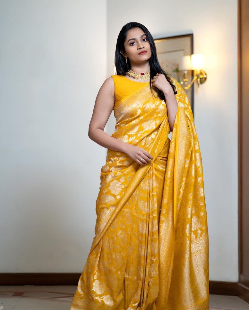 Mustard Soft Lichi Saree With Jacquard Blouse