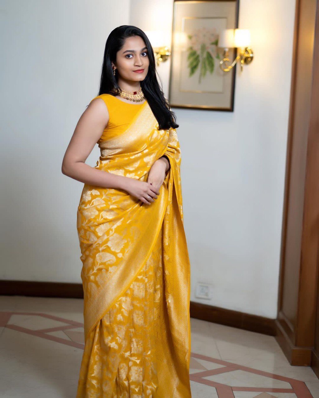 Mustard Soft Lichi Saree With Jacquard Blouse