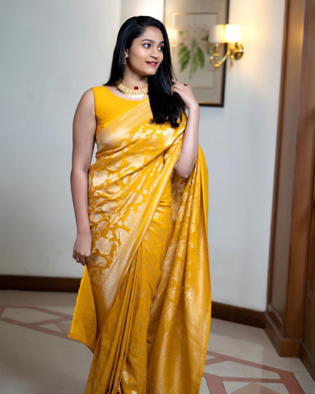 Mustard Soft Lichi Saree With Jacquard Blouse