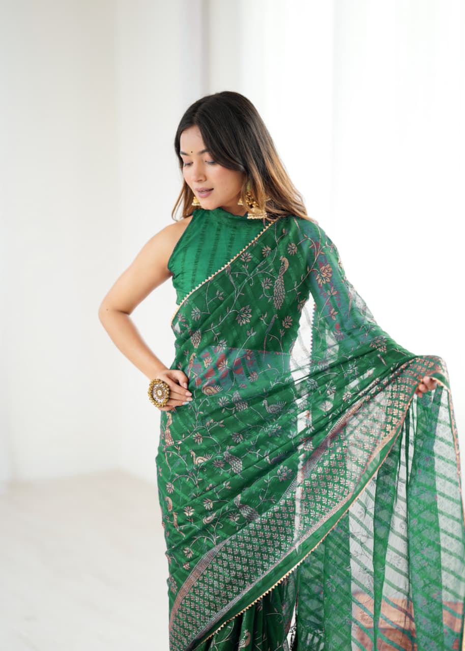 Elegant Green Color Georgette Party Wear Saree with Foil Print & Fancy Zalar Lace