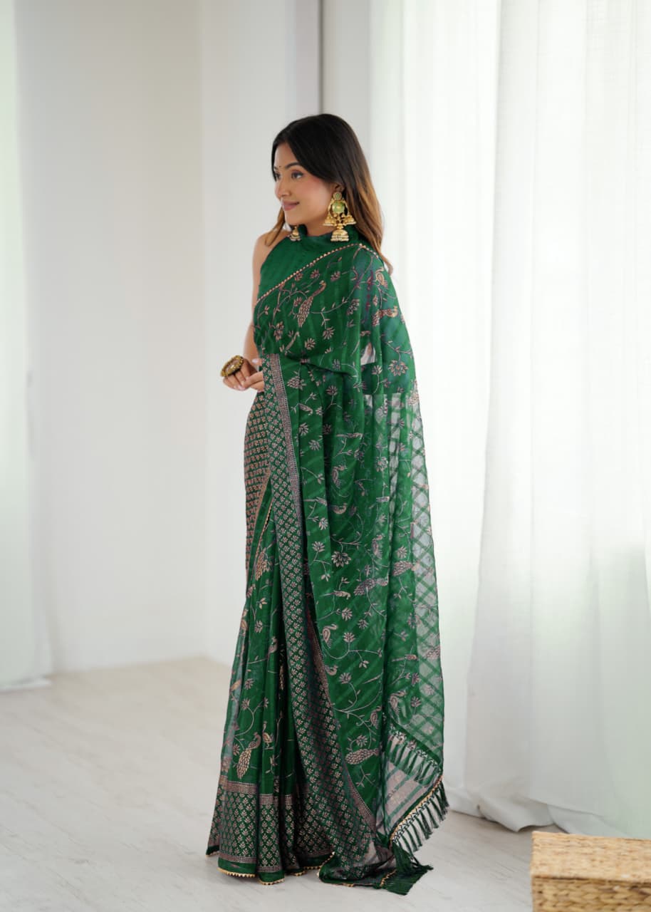 Elegant Green Color Georgette Party Wear Saree with Foil Print & Fancy Zalar Lace