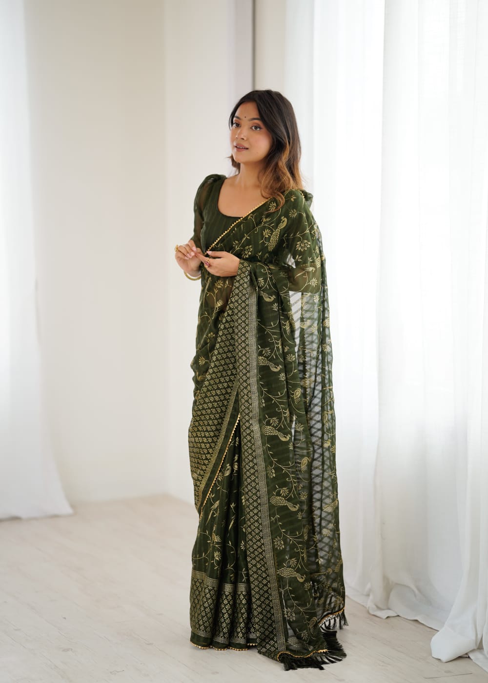 Elegant Mehandi Color Georgette Party Wear Saree with Foil Print & Fancy Zalar Lace