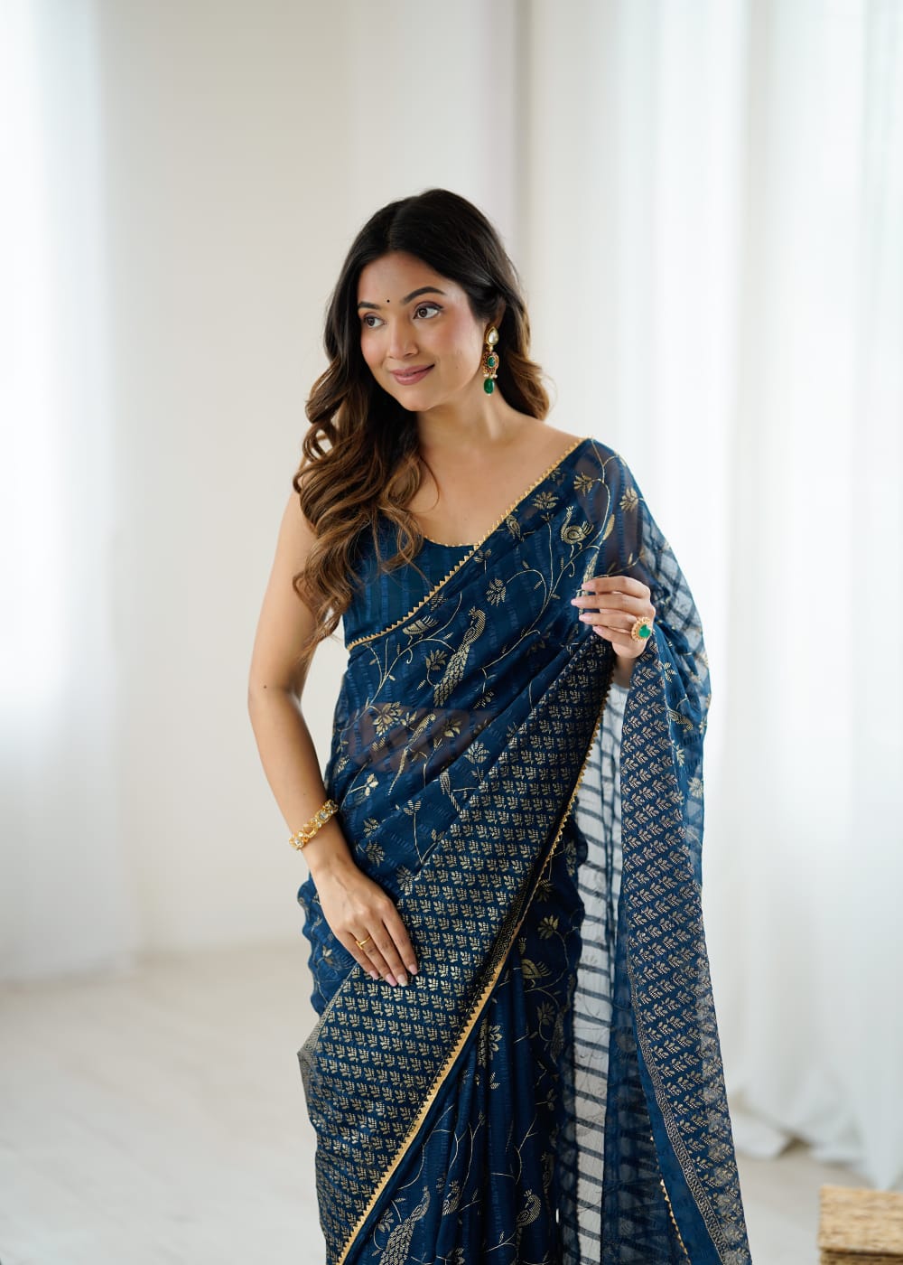Elegant Morpitch Color Georgette Party Wear Saree with Foil Print & Fancy Zalar Lace