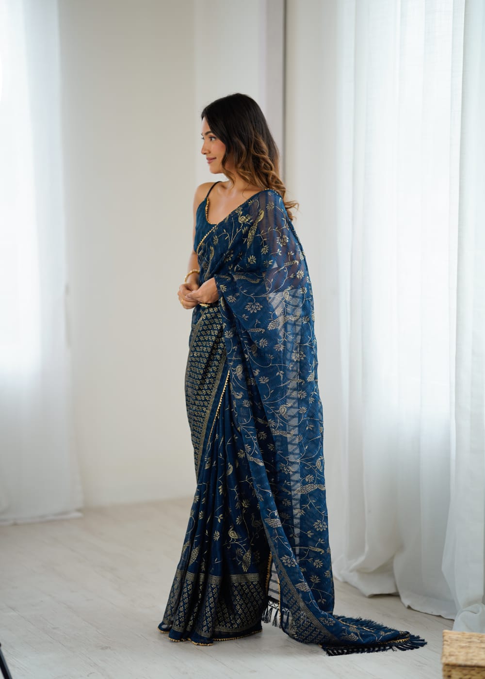 Elegant Morpitch Color Georgette Party Wear Saree with Foil Print & Fancy Zalar Lace