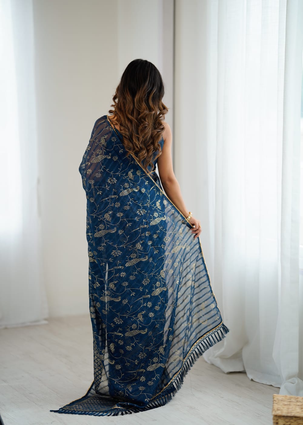 Elegant Morpitch Color Georgette Party Wear Saree with Foil Print & Fancy Zalar Lace