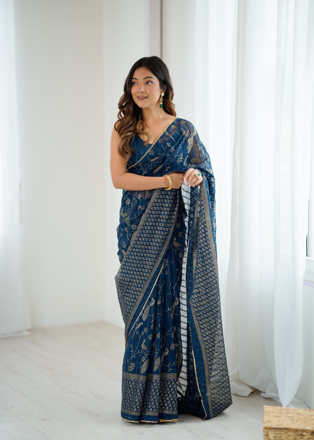 Elegant Morpitch Color Georgette Party Wear Saree with Foil Print & Fancy Zalar Lace