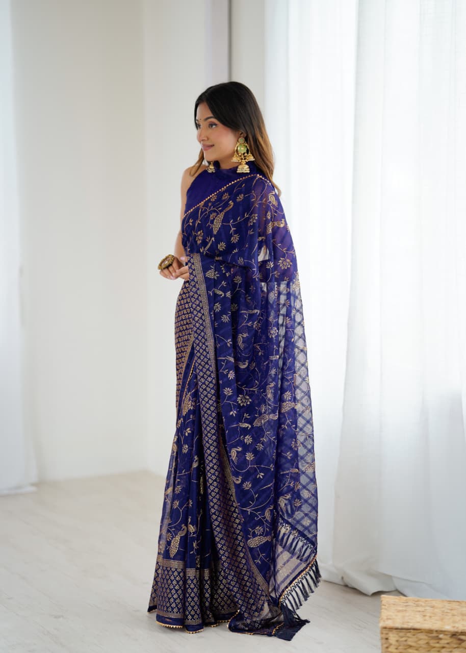 Elegant Navy Blue Color Georgette Party Wear Saree with Foil Print & Fancy Zalar Lace